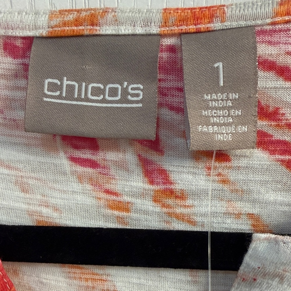Beachy Chico's Vibrant Pink and Orange Abstract Wave Pattern 3/4 Sleeve- Size M - Picture 2 of 5